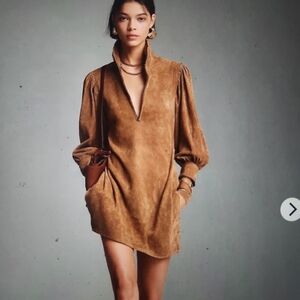 Suede-Style Brown Mini Dress with Puff Sleeves
